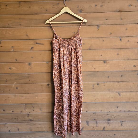J. Crew Tie Front Jumpsuit Vintage Vines Floral Brown Boho 2 Sleeveless Smocked - Picture 3 of 5